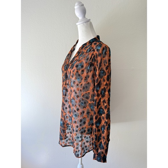 The Korner Sheer Leopard Print Blouse Womens XL Brown Blue Long Sleeve Tunic Top - Picture 2 of 11